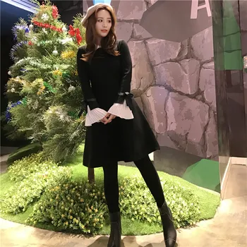 

Solid Spring A-line Dress Women Black Red Full Flare Sleeve Peter Pan Collar Knee-length Sweater Dress Vintage Elegant Dresses