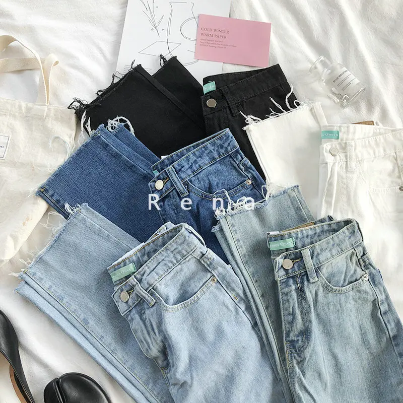 Kopen Mooirue Winter Herfst Jeans Femme Harajuku Glad Hoge Taille Rechte Dunne Cowboy Losse Broek Vrouwen Basic Blauw Wit Broek