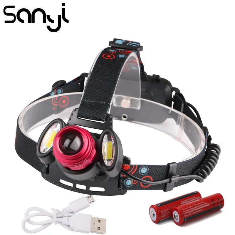 SANYI мощный яркий налобный фонарь USB Перезаряжаемый 1 * T6 + 2 COB светодиодные фары