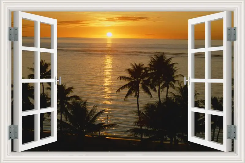 Голубое небо пляж кокосовое дерево тропический пейзаж 3D стикер на стену закат морской пейзаж съемные обои креативный вид окна домашний декор - Цвет: 15
