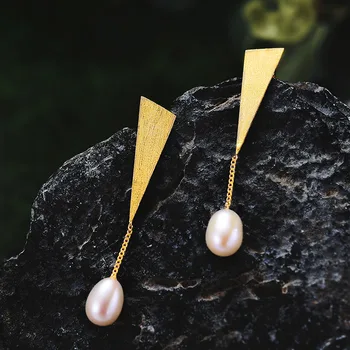 925 Sterling Silver Natural Pearl Earrings Handmade Fine Jewelry Triangle Water Drop Dangle Earrings for Women 1