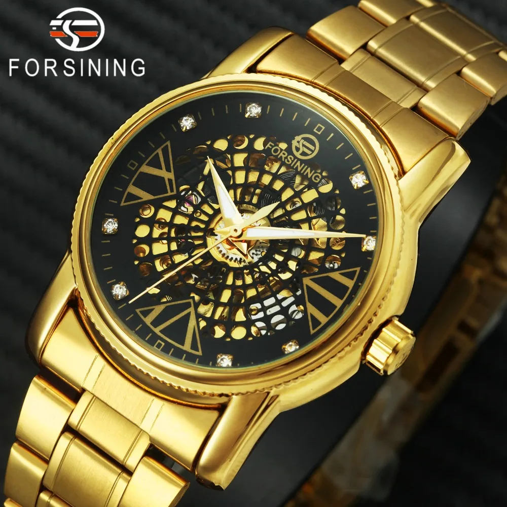 

FORSINING Auto Mechanical Watch Men Stainless Steel Strap Skeleton Dial Crystal Decoration Golden Mens Watches Top Brand Luxury