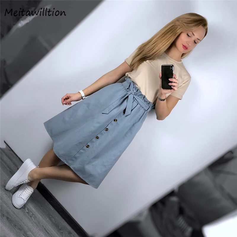 

Summer Women Midi Skirts 2019 Casual High Waist A-Line Lady Bottoms Female Solid Pockets Skirts With Sashes Plus Size Sundress