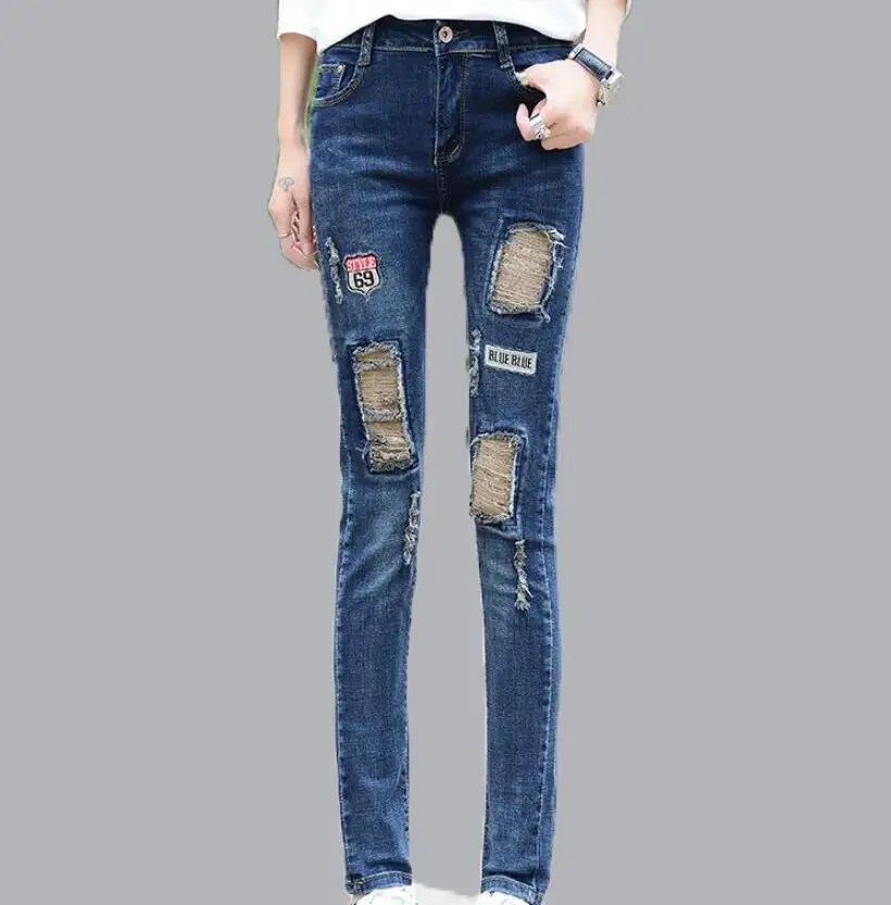 Spring Ripped Skinny Jeans Hole High Waist Patchwork Mid Waist Slim Blue Pencil Denim Pants Casual