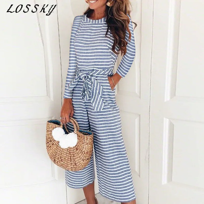 

fashion slim lace sexy striped round neck piece pants 5 color 2019 spring and autumn leisure long\\x2dsleeved pockets jumpsuit
