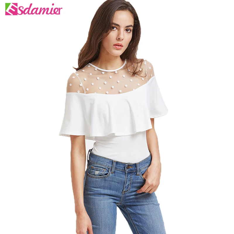  Sexy Dot Mesh Patchwork Women Bodysuit Skinny Ruffle Body Top Summer Combinaison Femme Fashion Body