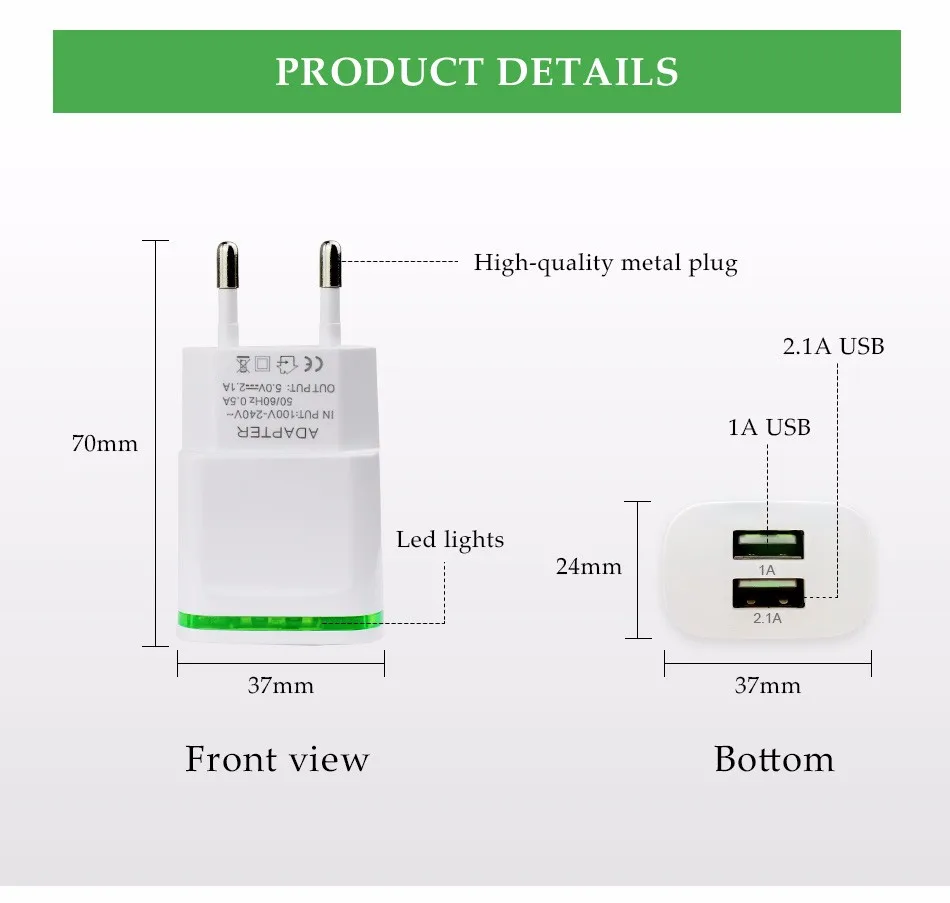 XEDAIN по стандартам ЕС/США штекер 2 Порты светодиодный светильник USB Зарядное устройство 5V 2.1A сетевой адаптер мобильный телефон Micro USB разъем для зарядки и синхронизации данных для iPhone samsung Xiaomi