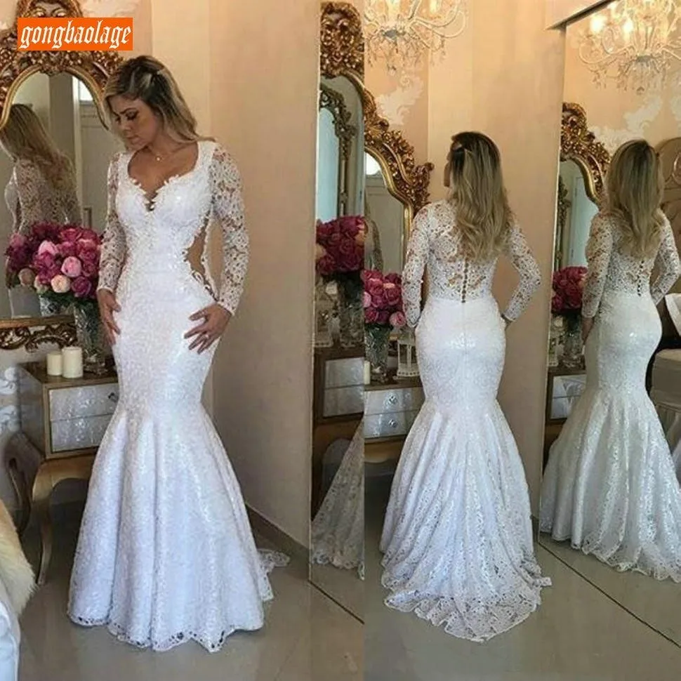 

Stylish White Lace Wedding Dress Long Sleeve 2019 Elegant Floor Length Mermaid Bridal Dresses Customized Ivory Wedding Gowns New