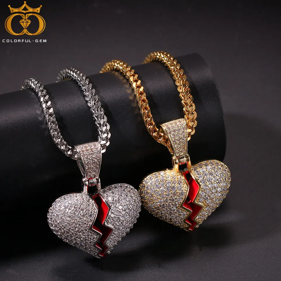 Красочные. Драгоценный камень разбитое сердце Iced Out цепь ожерелье серебро/золото