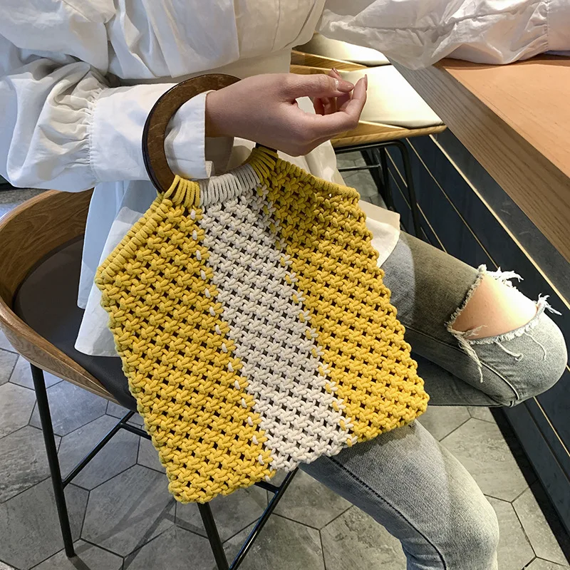 

2019 Bohemia New Women Handbag Summer Beach Bag Woven Handmade Knitted Straw Large Capacity Totes Cotton Women Shoulder Bag