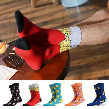 

New Casual Combed Cotton Men's Crew Socks Tend Street Hip Hop Funny Socks Colorful French fries Pizza Pattern Wedding Socks