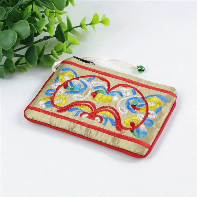 

Chinese Style Simulation Silk Zipper Bag Embroidery Flower Coin Purse Fabric Rectangular Storage Bag Card Bag Travel Organizer