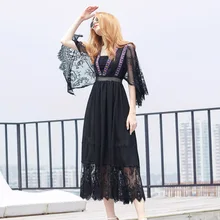 

Summer Boho Lace Lady Beach Dress Vintage Flared Sleeve Casual Elegant mesh Embroidery Patchwork Women Chiffon party sexy Dress