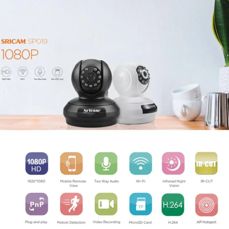 

Sricam SP019 1080P Wireless IP Camera H.264 WiFi Indoor Security Camera P2P PT Support TF Card Home Surveillance Cam