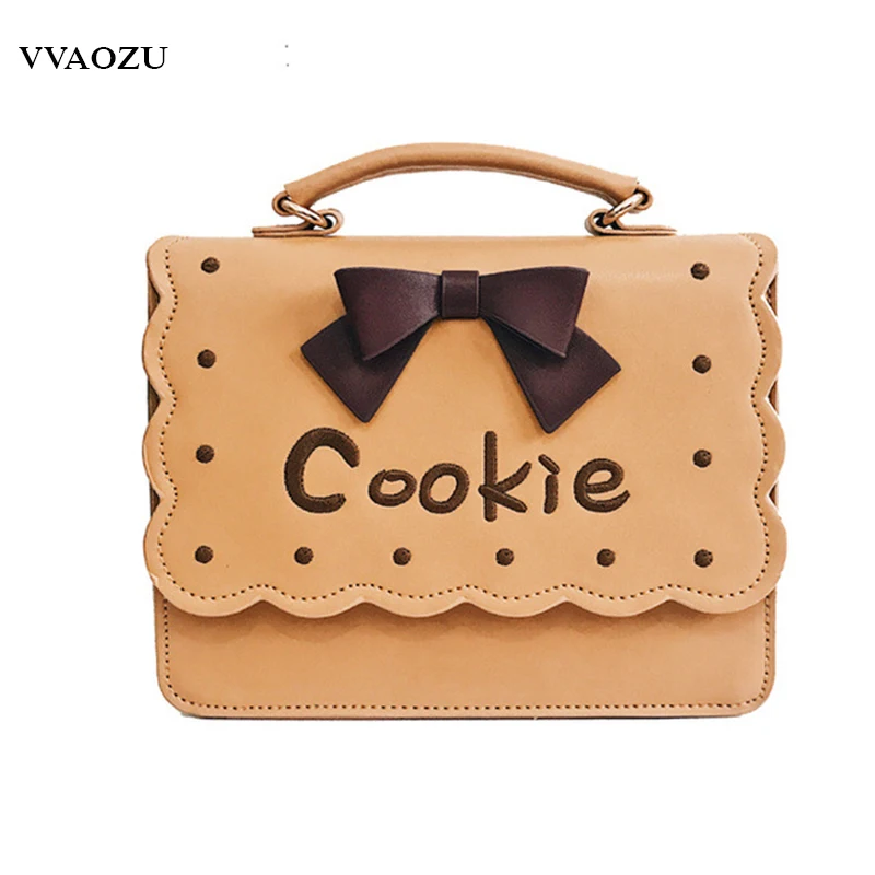 

Women 3D Biscuit Shaped Shoulder Bag Cookie Embroidery Bowknot Handbag PU Crossbody Messenger Bag JK Style Lolita Hand Bags