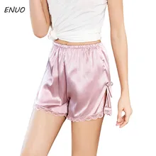 Эластичные шорты из искусственного шелка с высокой талией и кружевом, короткие шорты для сна, летние, антибликовые, кружевные шорты для женщин, тонкие свободные шорты, безопасность