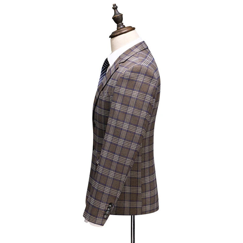 (Blazer+Vest+Pants) Mens Wedding Suit Male Blazers Slim Fit Suits for Men Costume Business Formal Party Classic  Plaid / S-5XL
