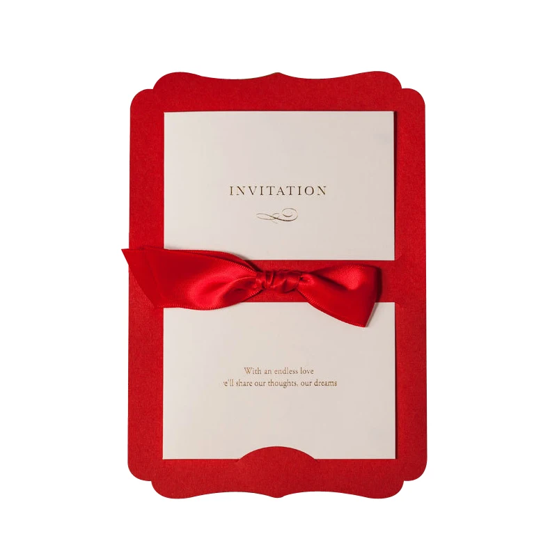 

(50 pieces/lot) Red Bowknot Marriage Invitation Card Customized Printed Birthday Business Invite Cards With Envelope CW3073