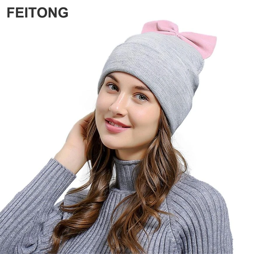 

2017 New Autumn Winter Beanies Hat For Women Girls Knitted Skullies Beanies Casual Cap With Bow Solid Color Gorros Cap #S0