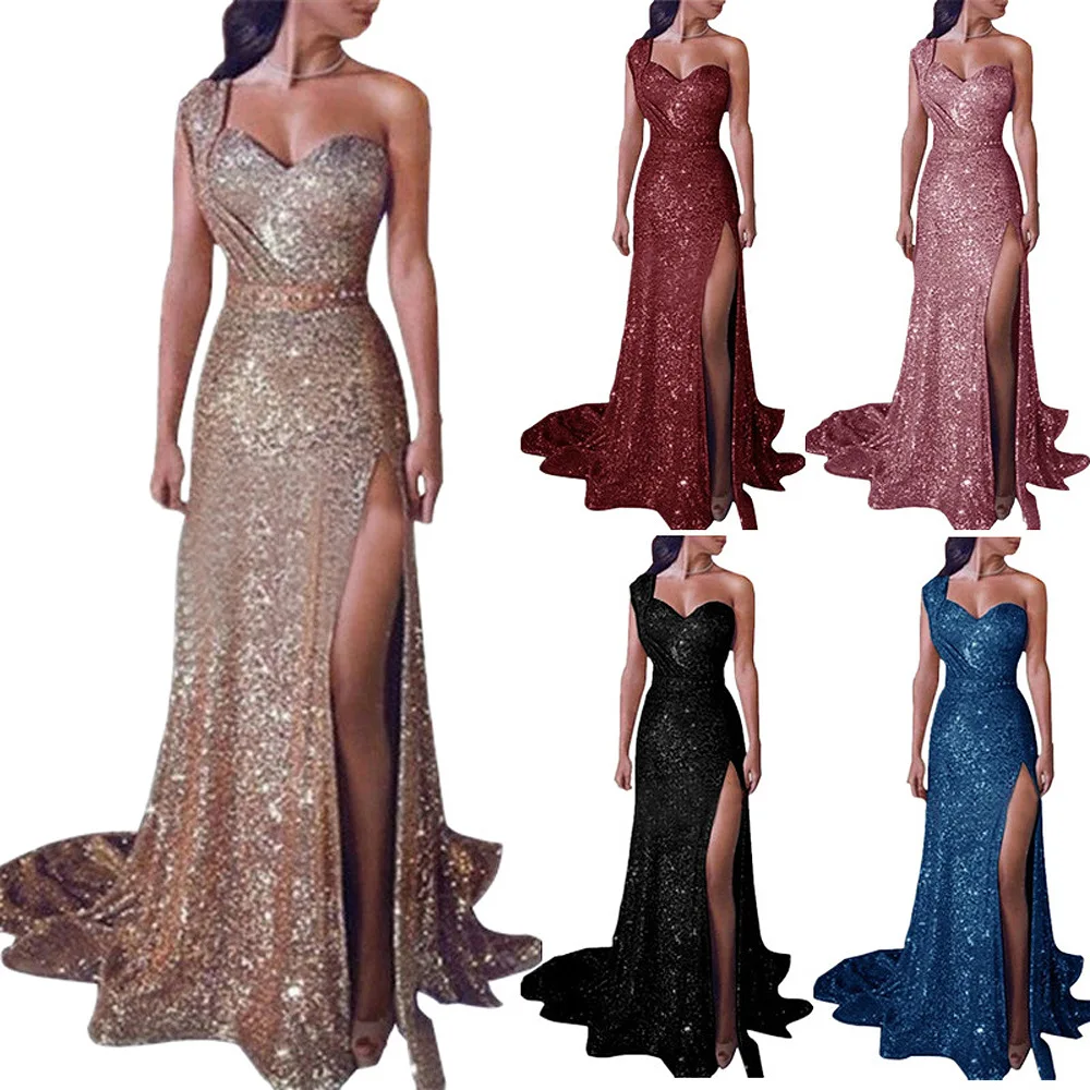 

European And American Women Sexy One-Shoulder Sleeveless Bronze Dress Slit Long Party Dress