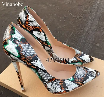 

2019 Vinapobo Snake Printed Leather Women Sexy High Heels 12/10/8cm Stiletto Fashion Pointed Toe Pumps Party Wedding Shoes Woman