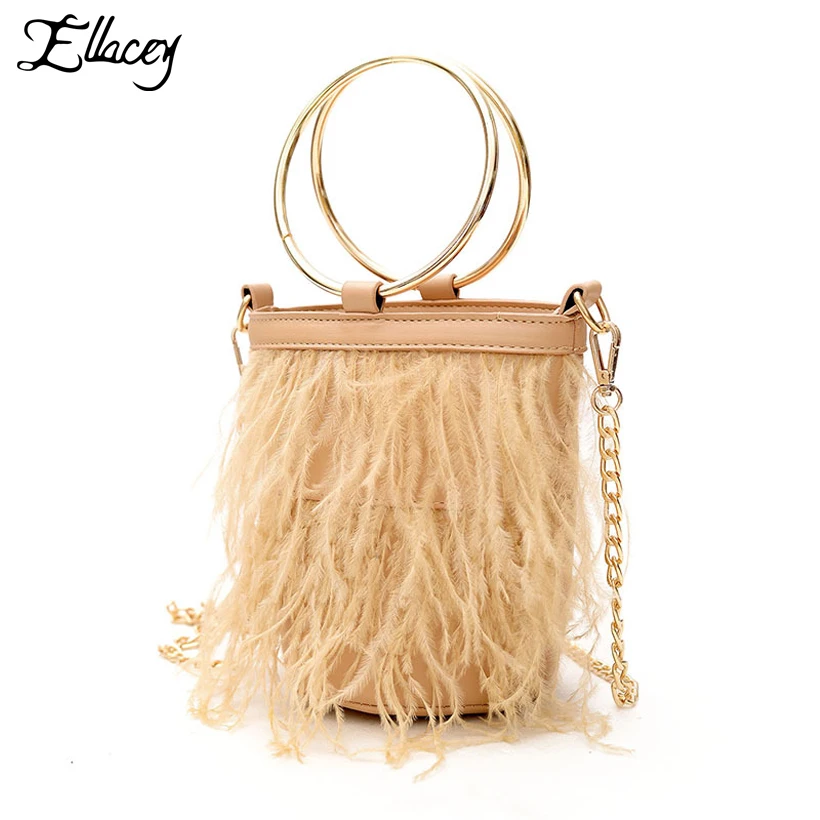 Goedkoop Ellacey Nieuwe 2018 Vrouwen Kwastje Emmer Zakken Metalen Ring Handtas Keten Bont Schoudertas Mini Mand PU Lederen Kleine Pluche tote Bag