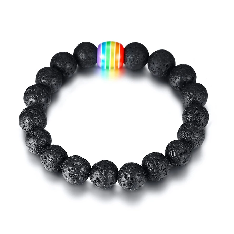 

Natural Black Volcanic Lava Stone Bracelet Men Rainbow Bead Flag Gay Pride Bracelets For Women Friendship Jewelry pulsera hombre