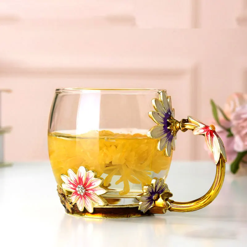 Single Layer Daisy Glass Cup Flower Tea Juice Milk Coffee Glass Cup for Home Restaurant in Cold and Hot Drink