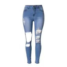Летняя уличная Стиль Высокая Талия Джинсы женские эластичные джинсовые штаны сексуальные рваные begger колено отверстие дамы тощий карандаш Брюки для девочек