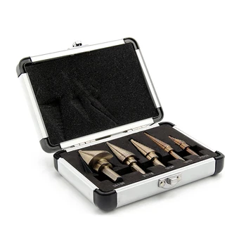 

5 Pcs Large Titanium HSS Step Cone Drill Hole Cutter Bit Set Tool + Case