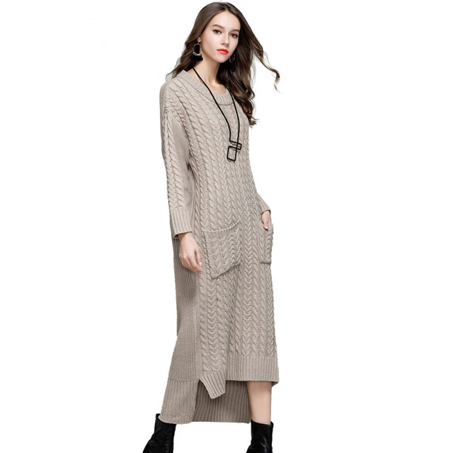 

Vintage Women Asymmetrical Split Thick Sweater Dress New Autumn Winter ONeck Long Rib Cuff Wool Loose Pullover Sweaters Vestidos