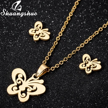 

Shuangshuo Cute Butterfly Necklace Stainless Steel Jewelry For Women Animal Necklace Earrings Jewelry Wedding Gifts
