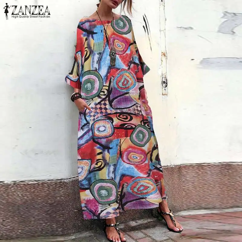 ZANZEA 2019 الصيف النساء اللباس البوهيمي مطبوعة طويل ماكسي فساتين السيدات خمر فضفاض Vestidos الشاطئ حزب رداء فام زائد حجم