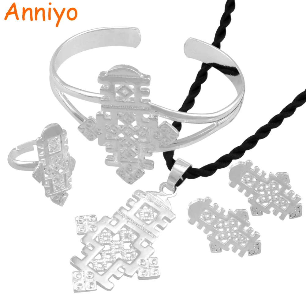 

Anniyo Ethiopian Silver Color Cross sets Jewelry Pendant Rope Earrings Ring Bangle African Eritrea Gifts for Women #058706