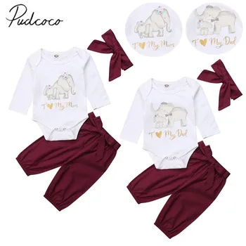 

2018 Brand New Newborn Infant Baby Girl Boy Love Dad Mom Clothes 3PCS Sets Long Sleeve Elephant White Romper Tops+Pants+Headband