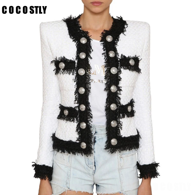 New  Women elegant black white tweed jacket fringe double breasted office lady formal jackets 2019 winte