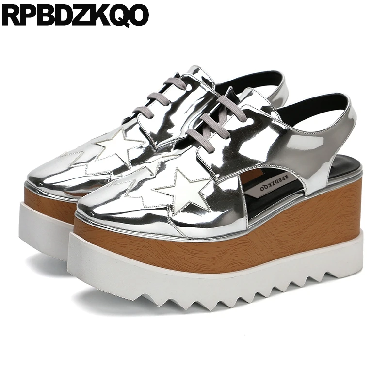 

Sandals Lace Up Women Slingback Ladies Elevator Creepers Mirror Large Size Flats Luxury Brand Shoes Patent Leather 2017 Summer