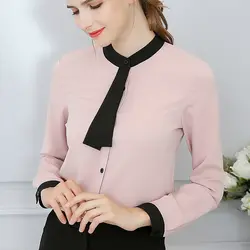 Женские шифоновые блузки женские блузки Blusa Feminina Топы с длинным рукавом модные корейские женские рубашки Розовый Белый Топы Большие