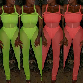 

New Fashion Sexy Women Fluorescence Mesh Jumpsuit Sleeveless Off Shoulder Ladies Fashion Clothes Trousers