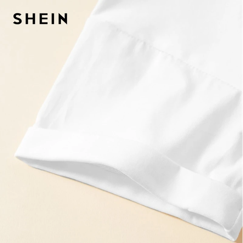 SHEIN كيدي الصلبة الأبيض عقدة الجرافيك إلكتروني طباعة أطفال تي شيرت الفتيات قمم 2019 الصيف قصيرة الأكمام عارضة المحاصيل الاطفال قمصان المحملة