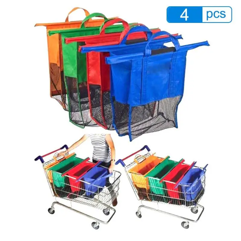 4pcs/Set Thicken Trolley Supermarket Shopping Bags Foldable Reusable Eco-Friendly Cart Handbags Flower Printed Store Carrier-bag