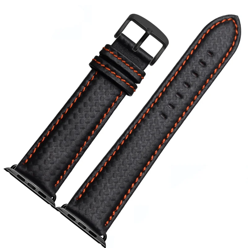 Luxury Strap for Apple watch band 42 mm 38mm Apple watch 4 3 2 1 iWatch band 44mm 40mm Carbon fiber+Leather watchband bracelet - Цвет ремешка: Orange-black