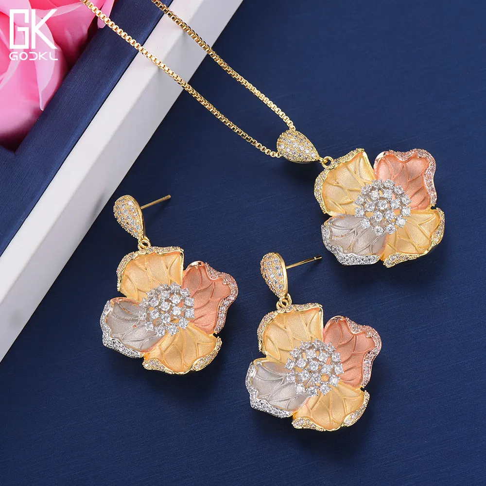 

GODKI Luxury Flower Necklace Earring Sets Cubic Zircon Crystal CZ jewelry Sets for women Wedding Indian Bridal Jewelry Sets 2018