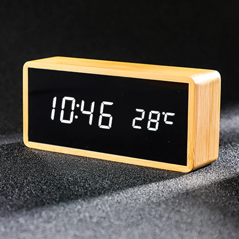 Бамбуковый цифровой будильник Регулируемая яркость Голосовое управление стол большой дисплей время температуры USB/батарея питание - Цвет: 80-R-White