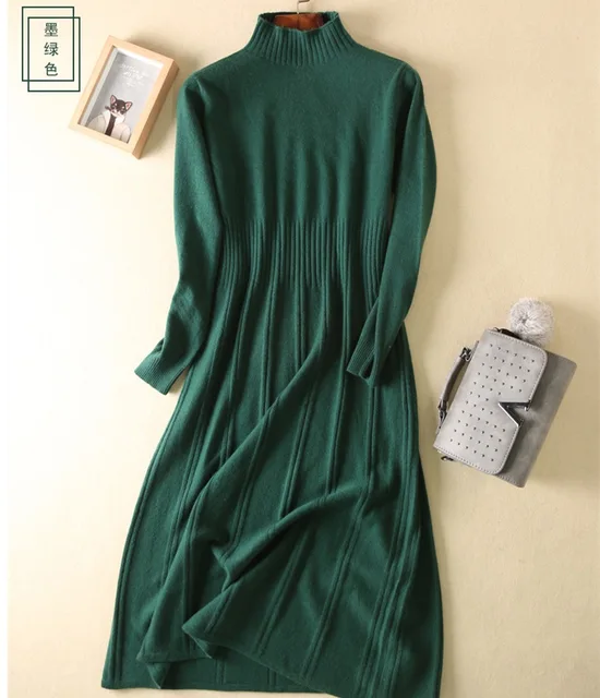 Spring and Autumn New Woman High-neck Dress Fashion Slim Thin A-line Warm Long-sleeved Warm Pure Cashmere Wool Knit sweater