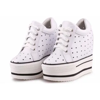 

High Platform Hidden Wedges Heel Summer Casual Shoes Ultra Breathable cut-outs Sheepskin Shoes Lace Up Height Increasing Shoe