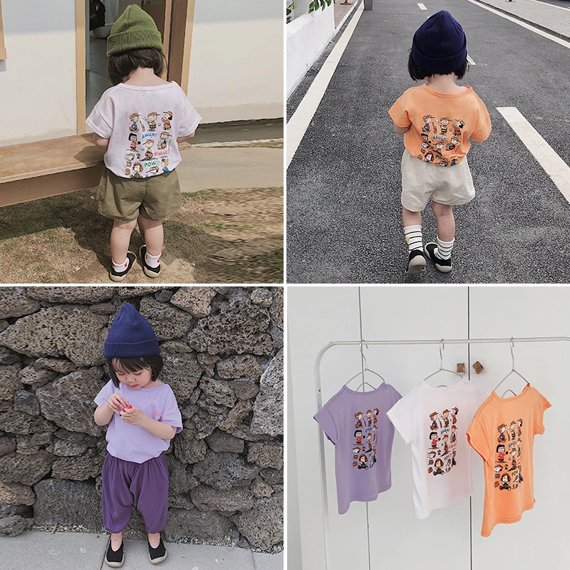 

2019 Summer New Baby Girls Round Collar Joker Back Cartoon Printing Short Sleeves T Shirts Children Leisure Tops Kids Clothing