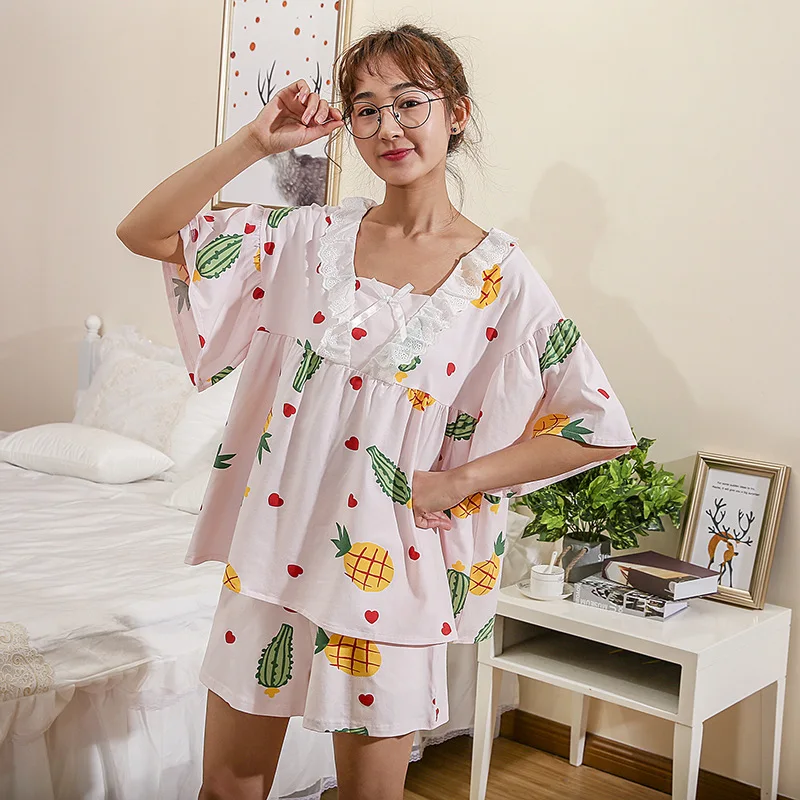 

New Lively Lovely Printed Short Sleeve Pajamas Women's Suits V-Neck Pijamas Women Short Sexy Pyjamas Lace Cotton Home Clothes
