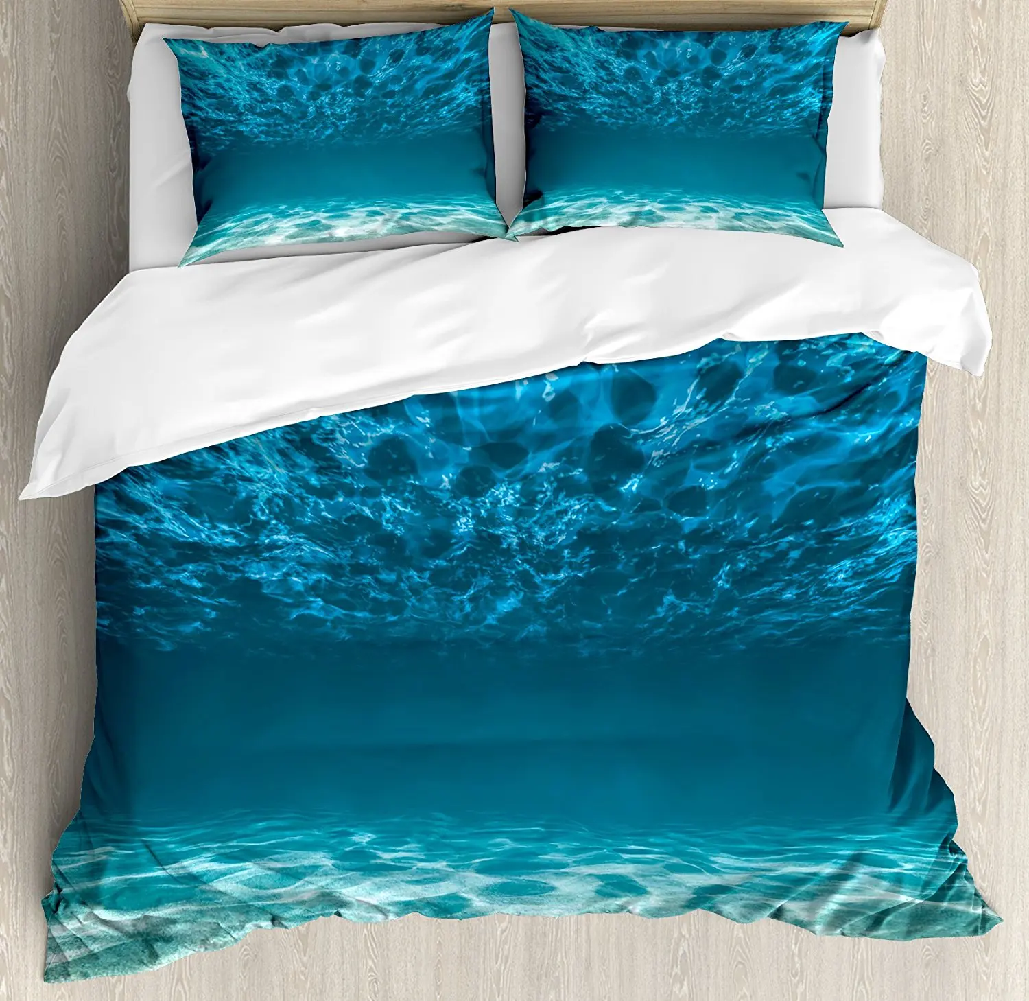

Ocean Duvet Cover Set Gravelly Bottom Wavy Surface Tropical Seascape Abyss Underwater Sunny Day Image Bedding Set Blue