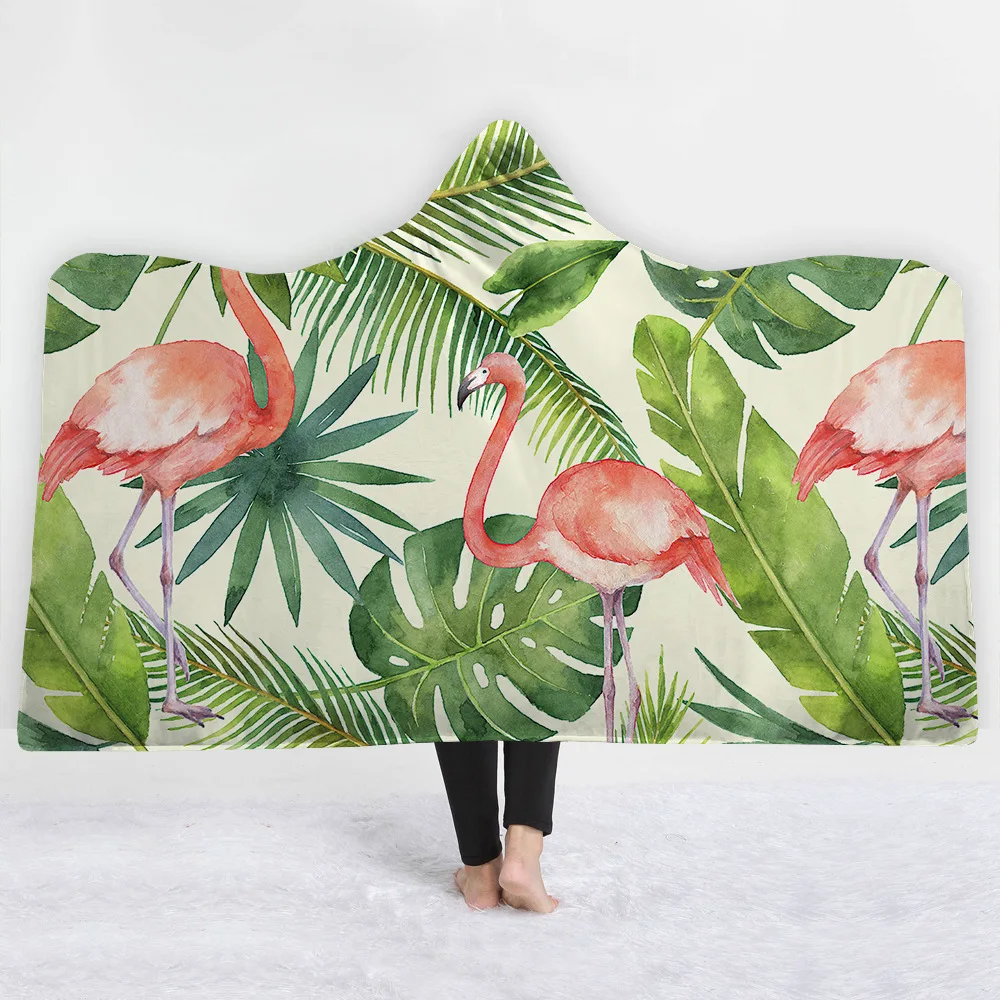 

Tropical Flamingo Plant Series Hooded Blanket for Adults Floral Gothic Sherpa Fleece Wearable Throw Blanket Microfiber